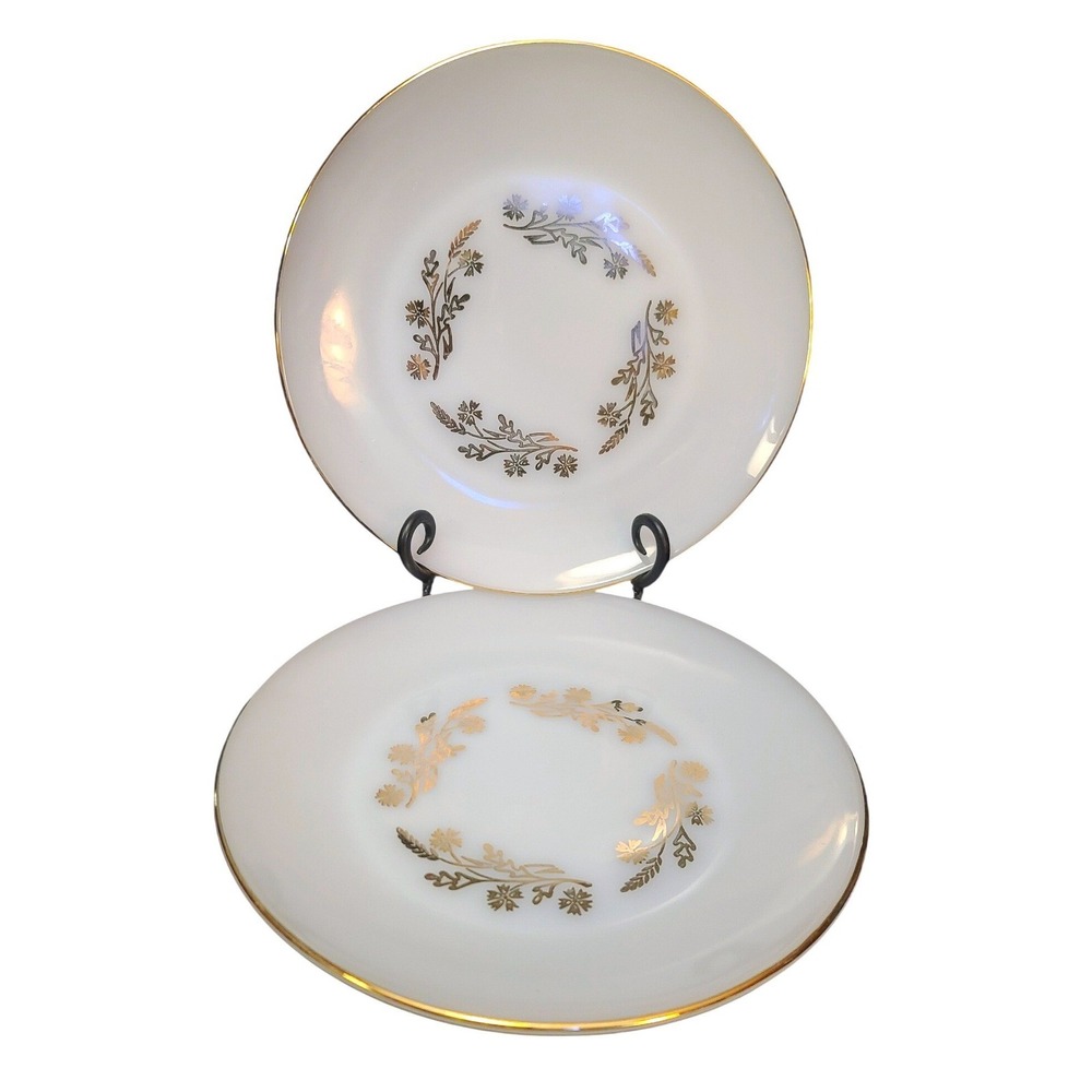 Federal‎ Glass Milk Glass Meadow Gold Dinner Plates Gold Rim Set of 2